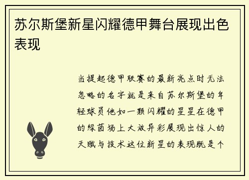 苏尔斯堡新星闪耀德甲舞台展现出色表现